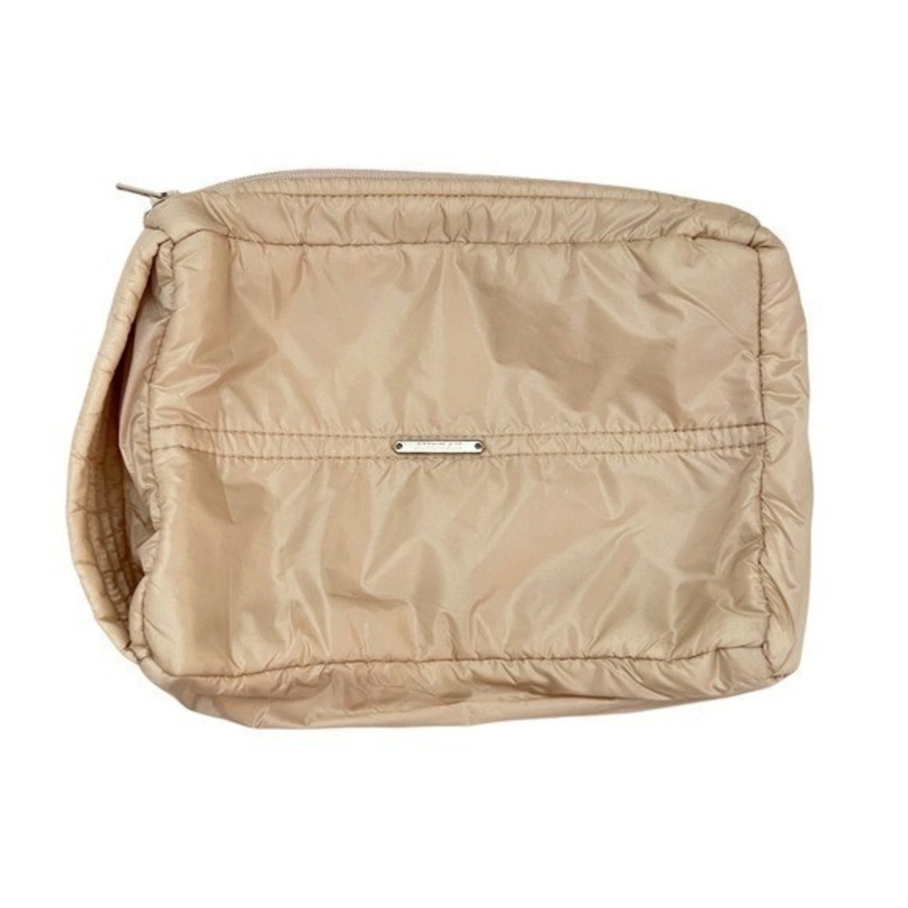 Anorak Beige Quilted Puffer Nylon Cosmetic Makeup Travel Bag Pouch Silver Tone